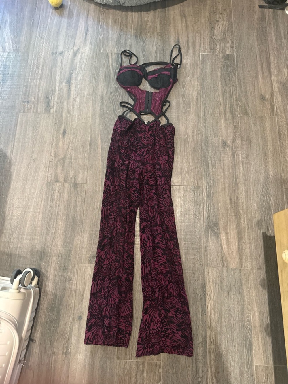 Outcast sisterparty Plum Velvet Wide Leg Jumpsuit with Subtle Burnout Texture - Picture 4 of 4